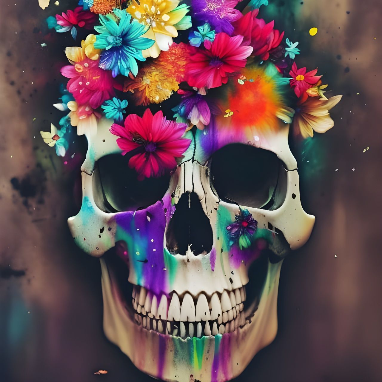 Double Exposure Skull with Colorful Flowers, Matte Painting