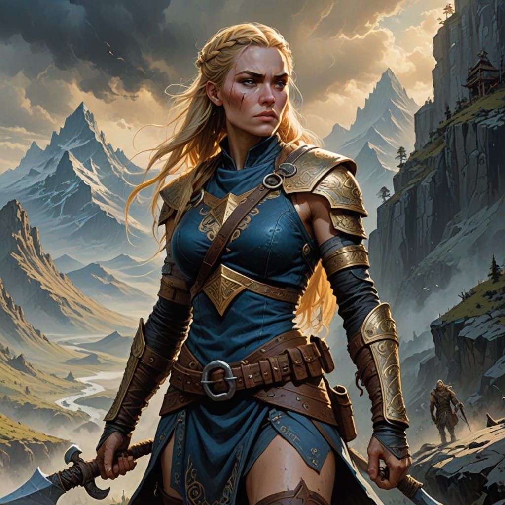 Amazonian Warrior in Mystical Mountain Landscape