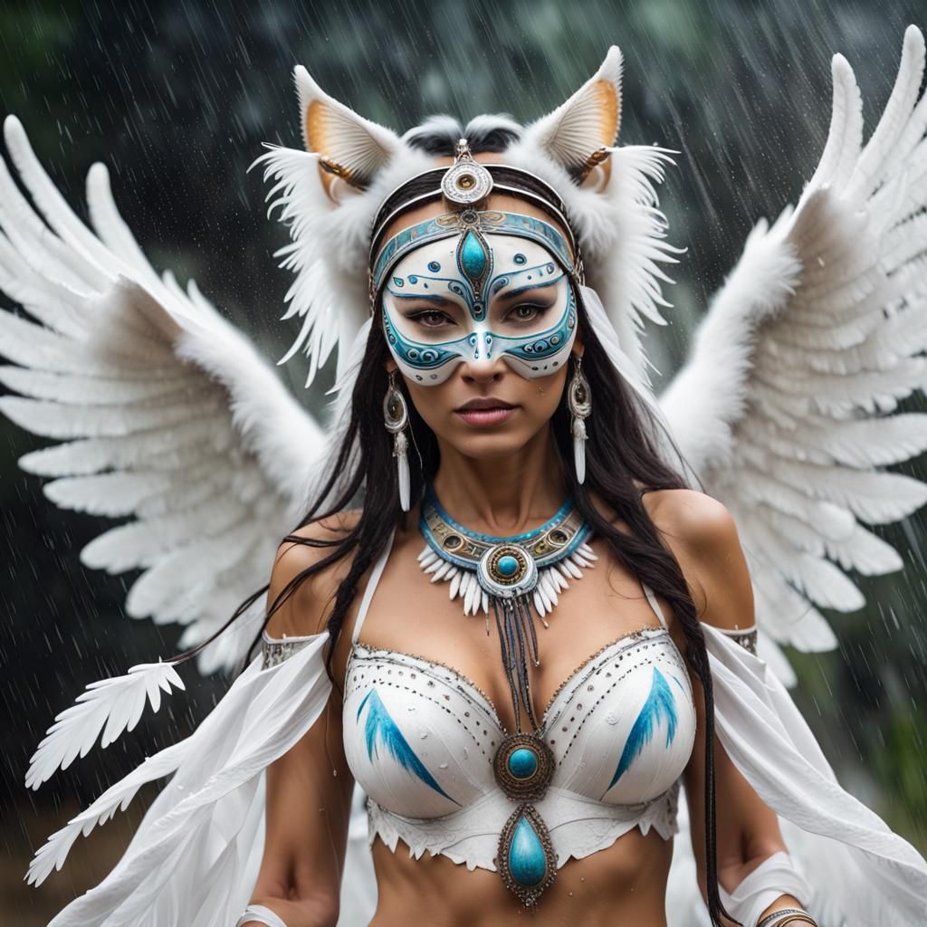 Angelic Woman and Cat Shaman in the Rain