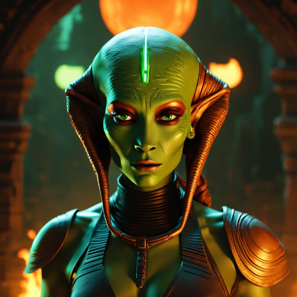 Twi'lek Woman in Ancient Temple: Cinematic Digital Art