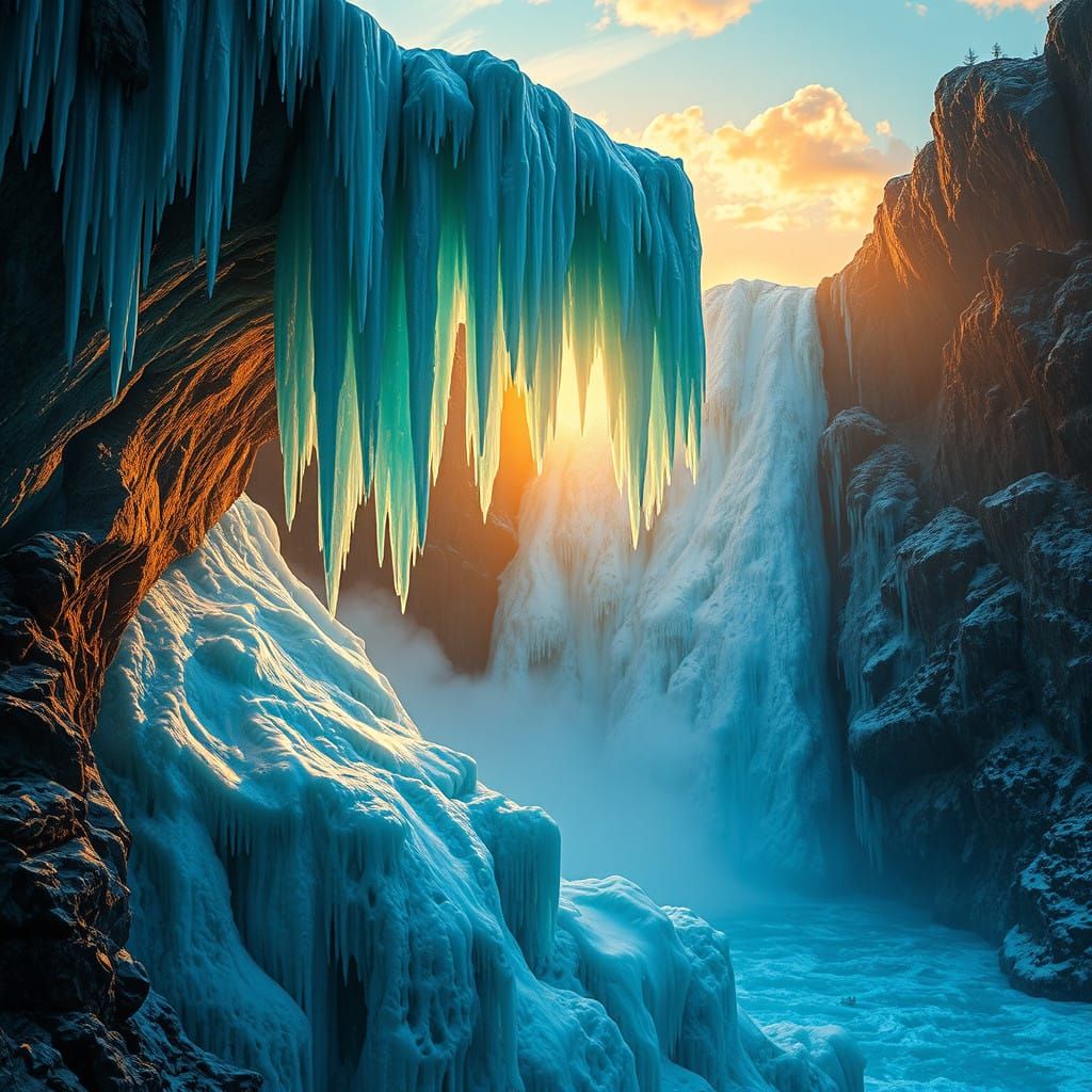 Frozen Niagara Falls in a Fantastical Sunset