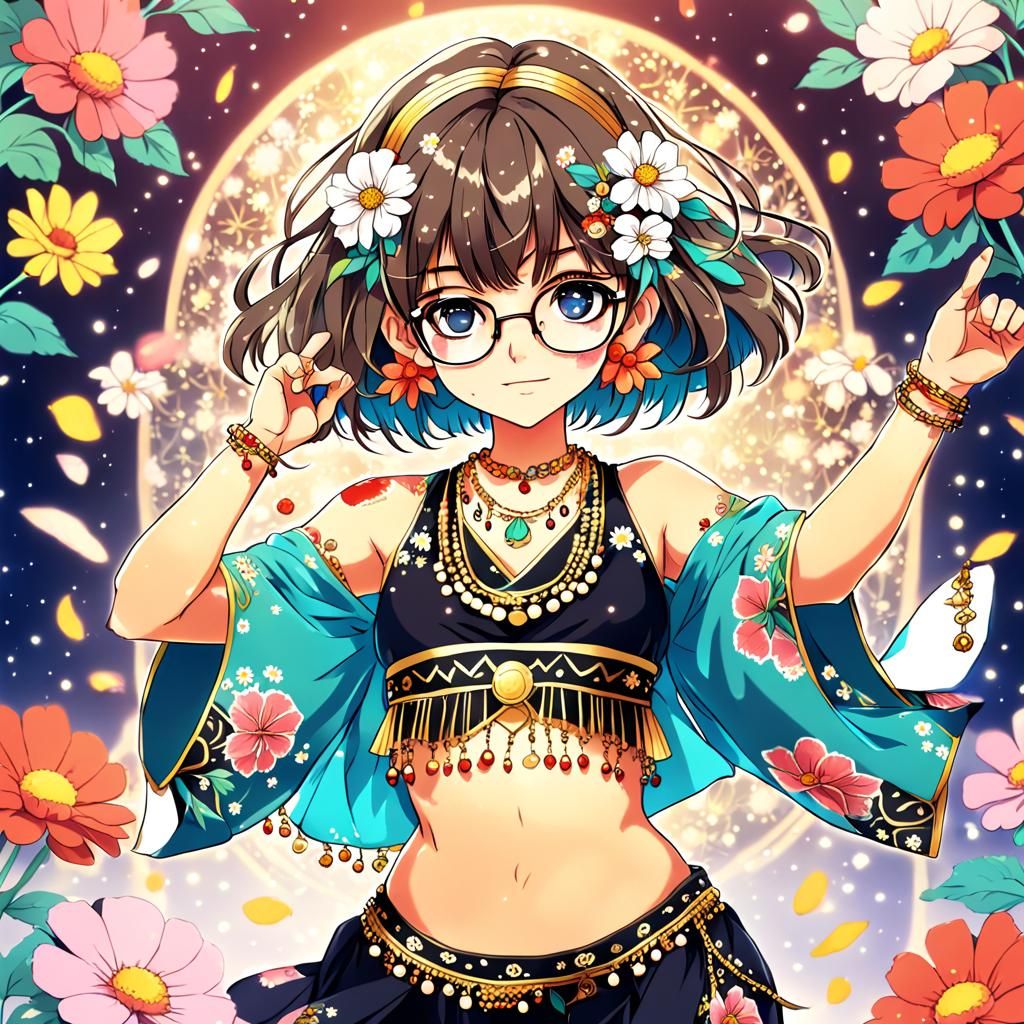 80s Anime: Cute Woman Belly Dancing with Flowers
