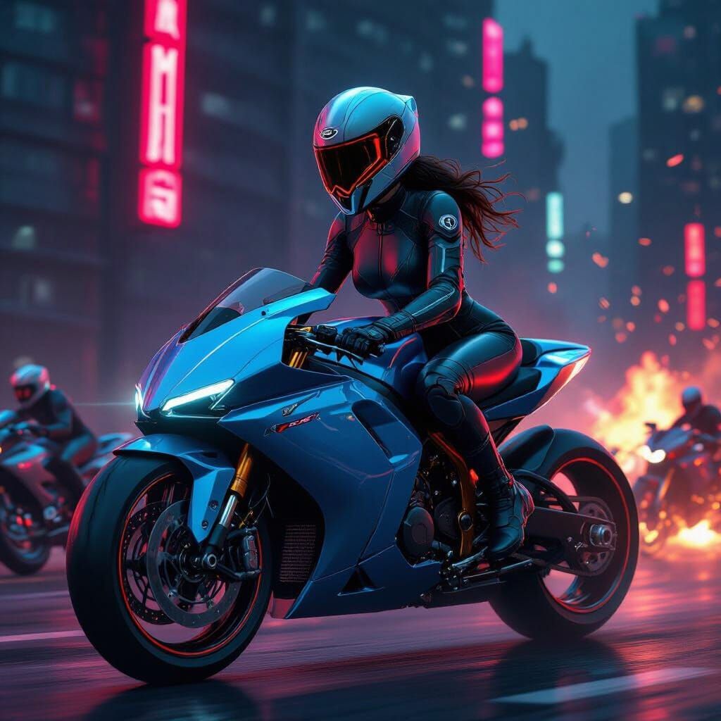 Futuristic Motorbike Rider in Cyberpunk Neon Cityscape