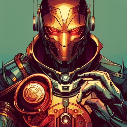 Steampunk Ultron with Luminous Colors and Golden Outlines