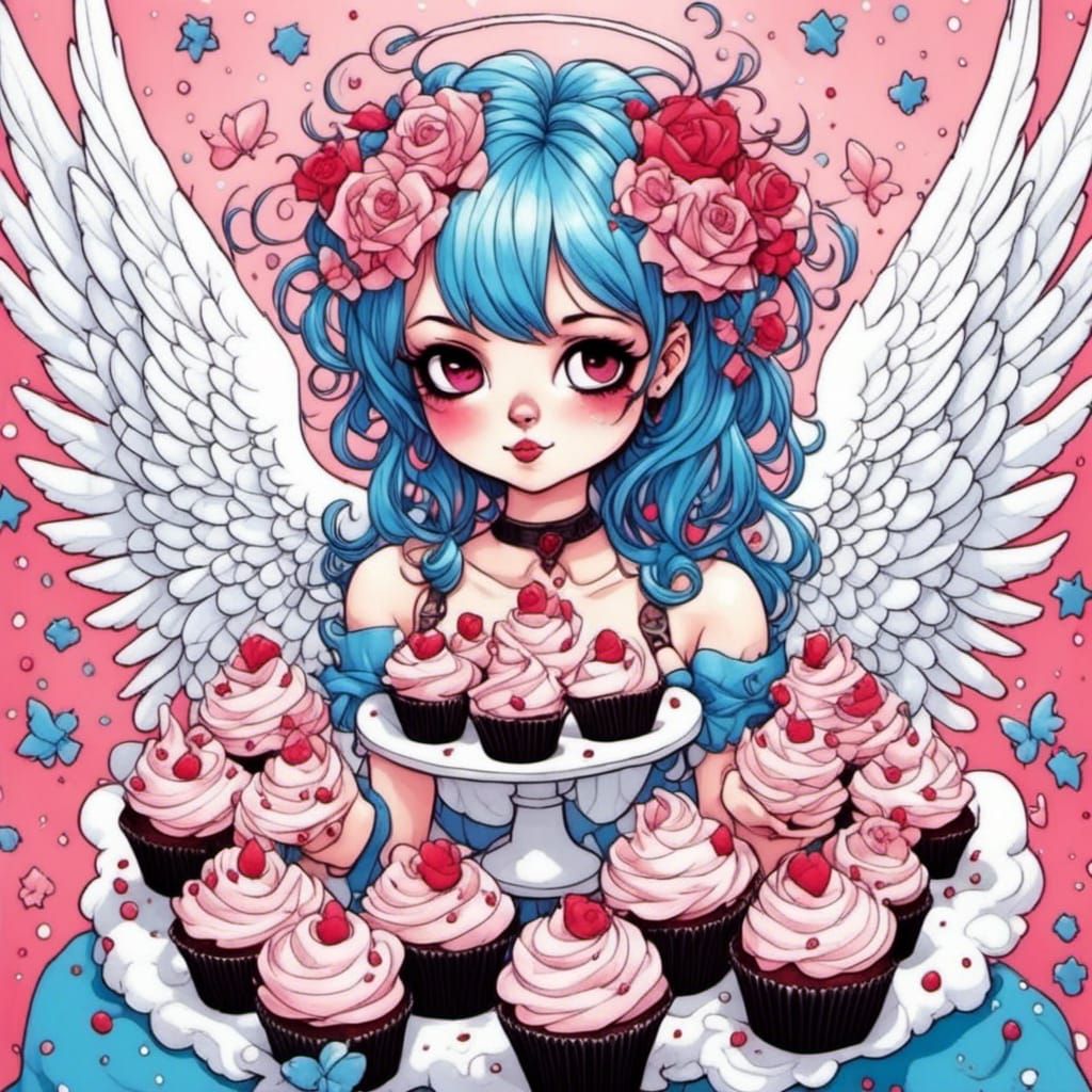 Gothic Angel Surrounded by Cupcakes