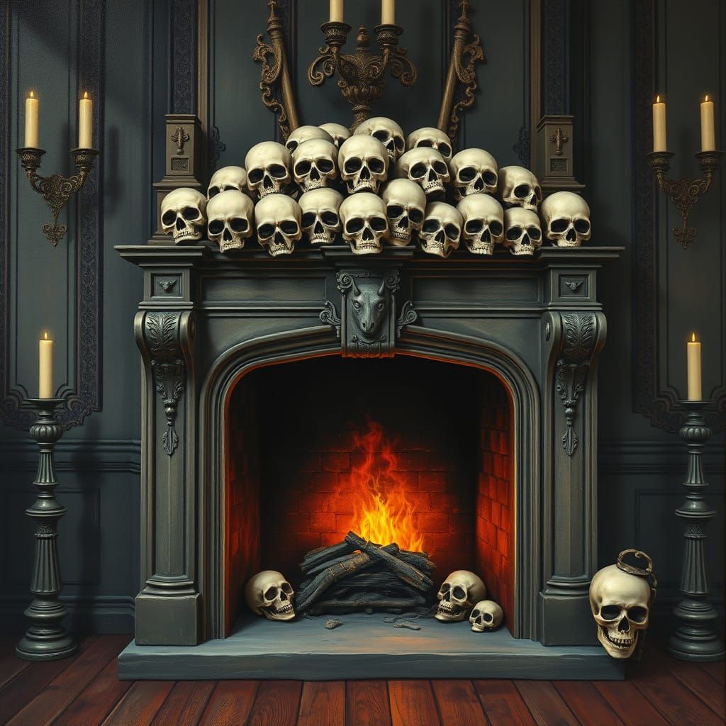 Gothic Mansion Fireplace with Skulls in a Haunting Oil Paint...