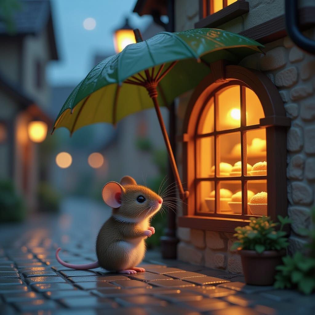Mouse in Rainy Animal Village: Ghibli-esque Scene