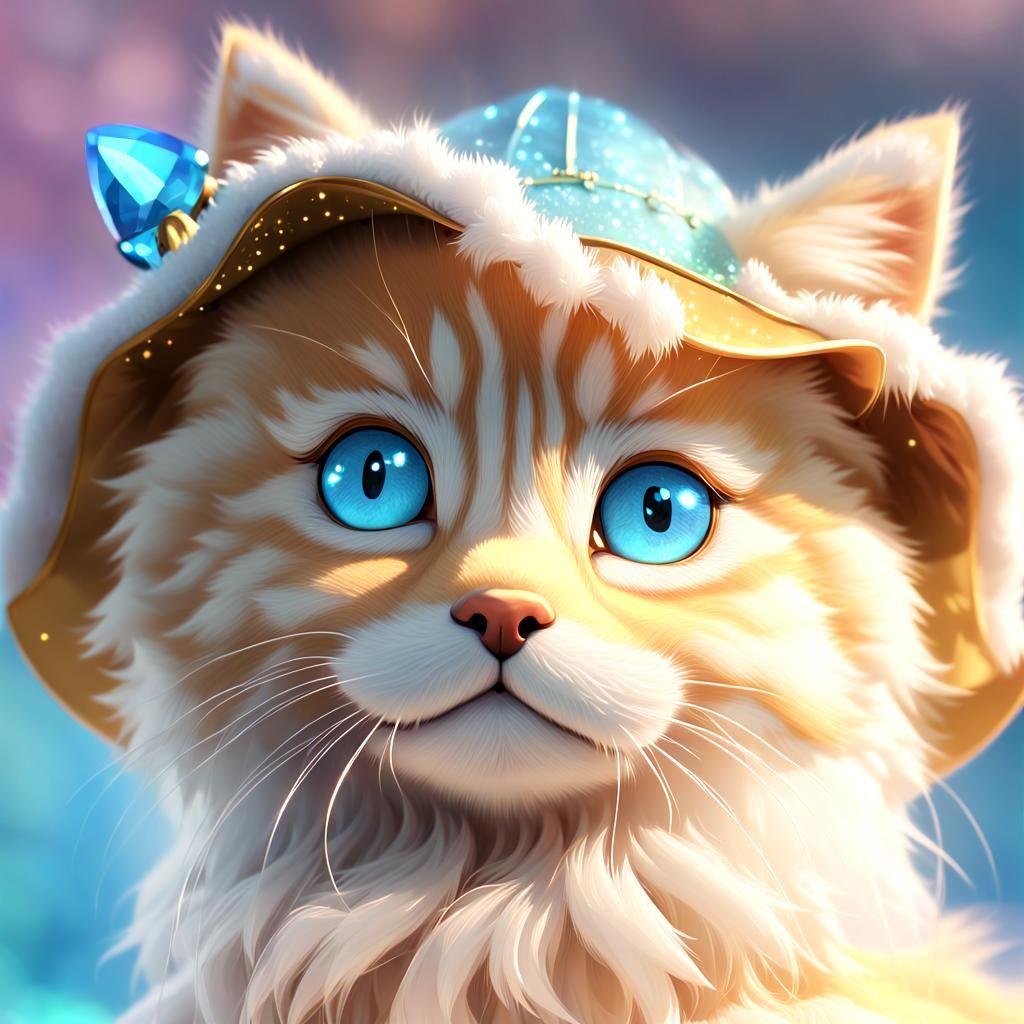 Golden Kitten with Woolen Hat in 3D Anime Art
