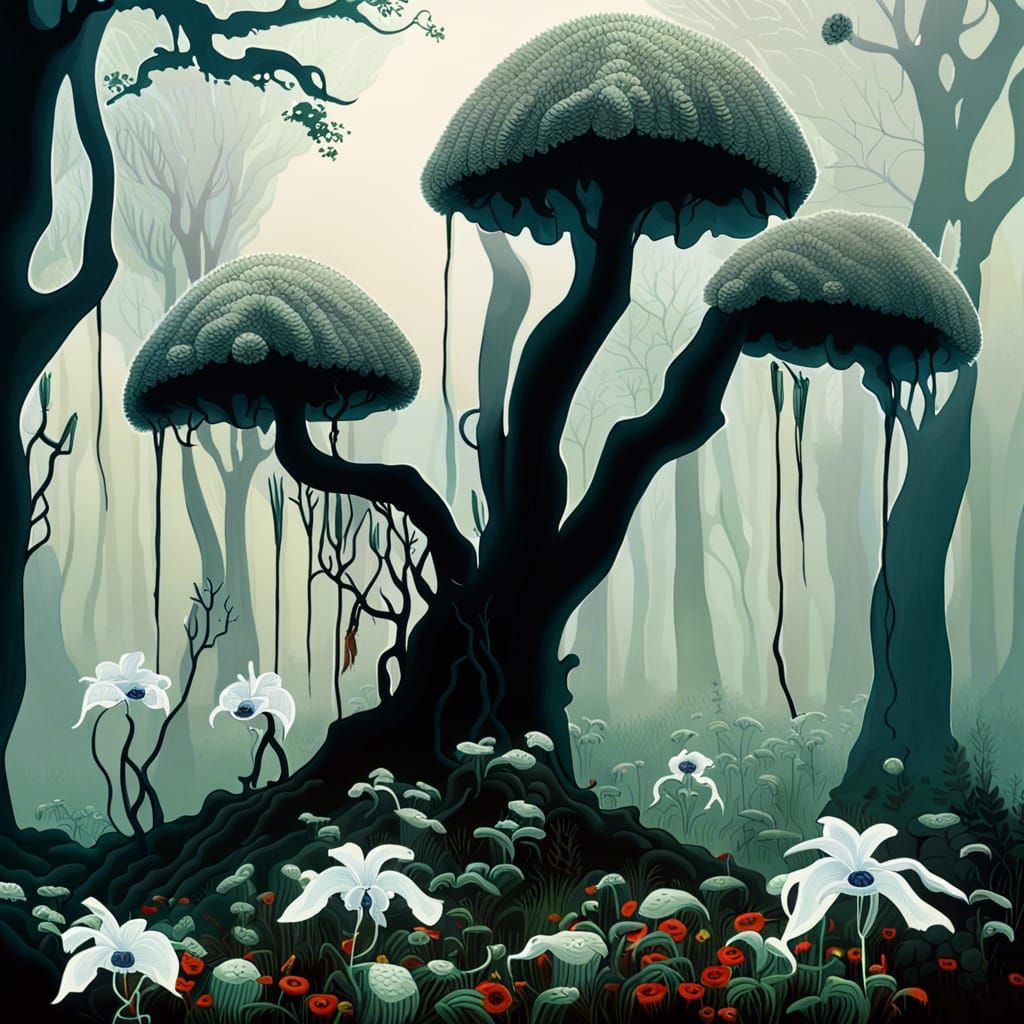 Surreal Forest Scene with Orchids in Album Art Style
