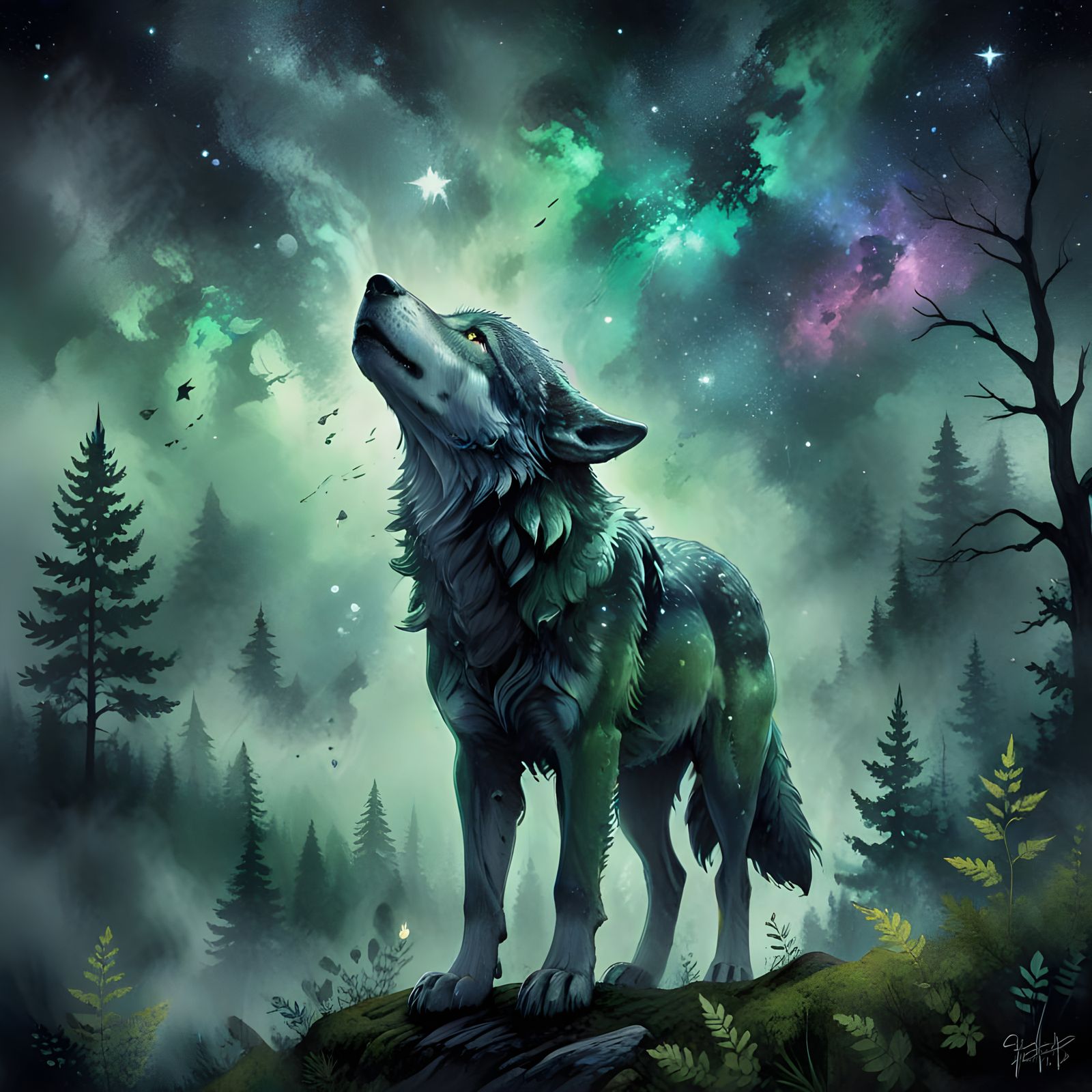 Wolf Basks in Ethereal Cosmic Landscape