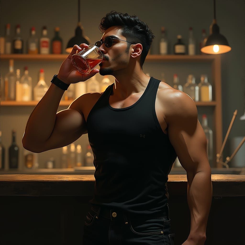 Latin Man Sips Whisky in a Moody Bar