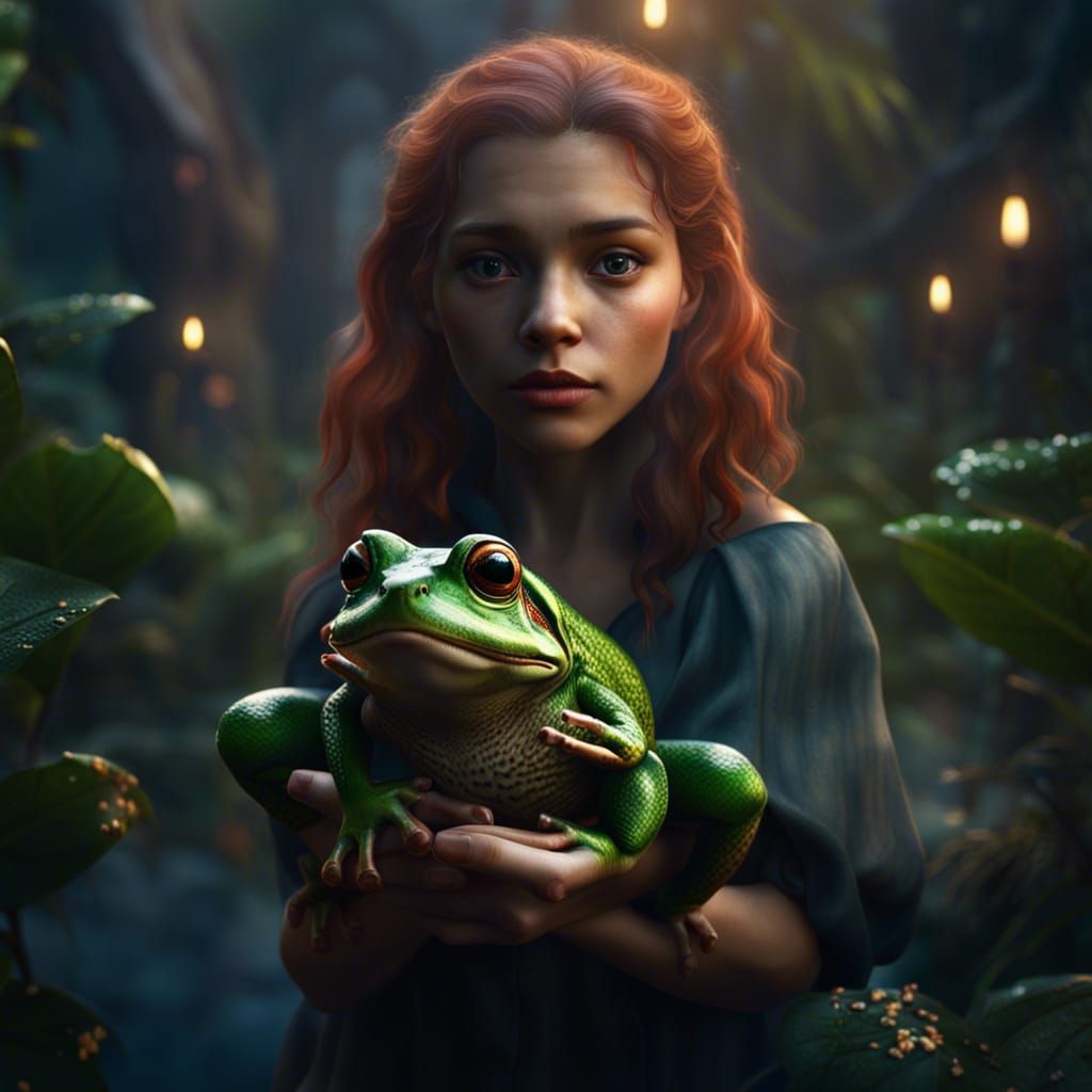 Girl Holding Frog: Detailed Fantasy Art
