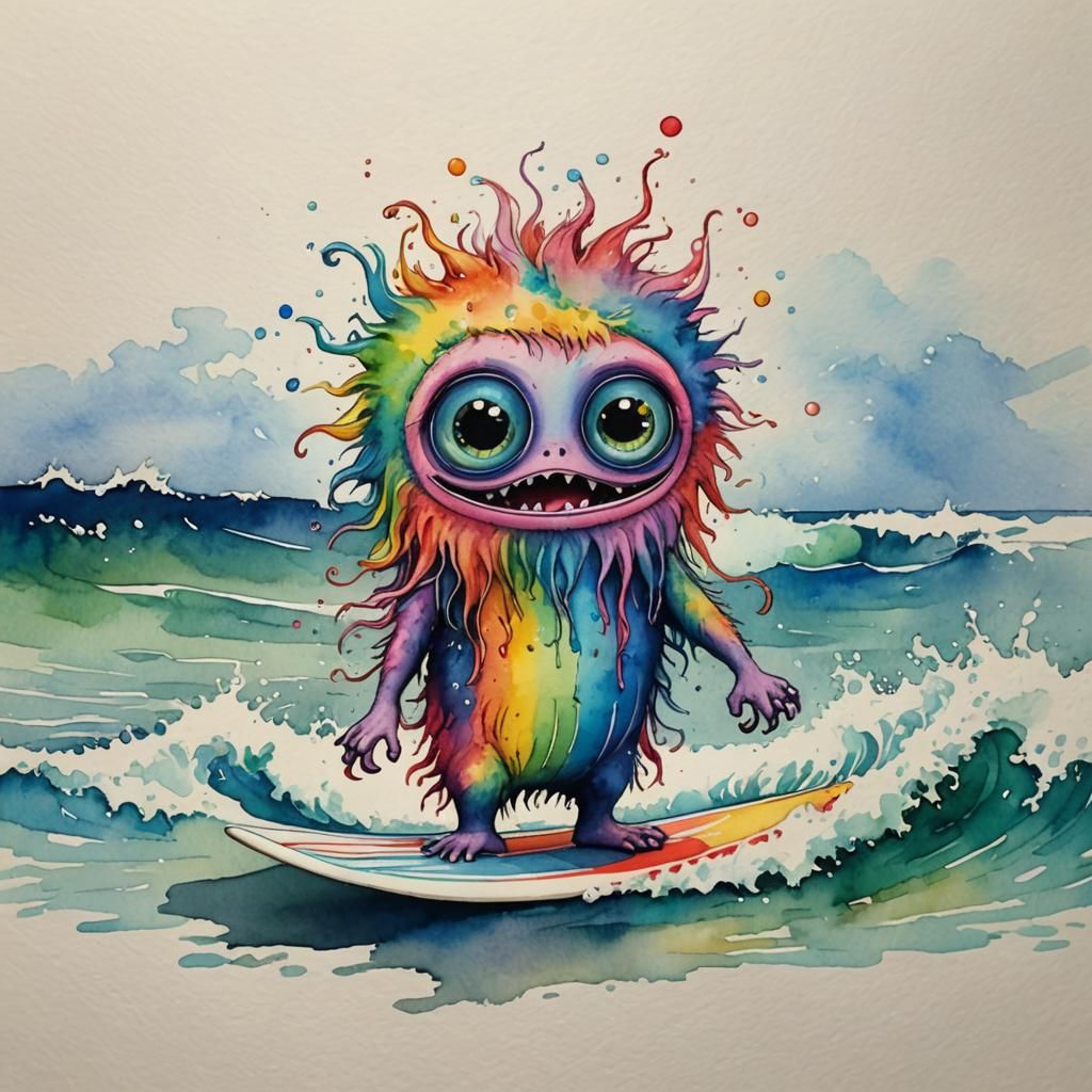 Charming Rainbow Monster Surfing: Watercolor Masterpiece
