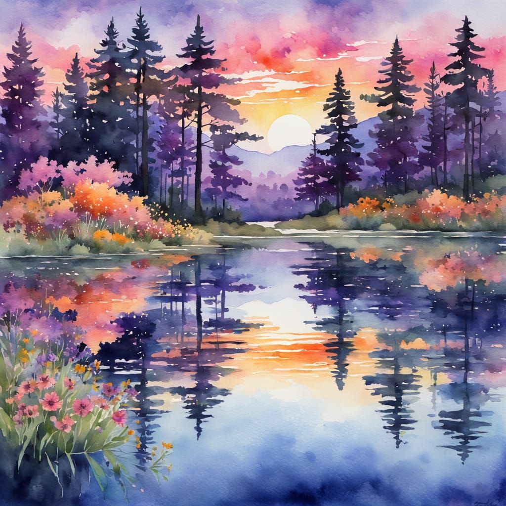 Serene Lake Sunset Watercolor Painting with Wildflowers