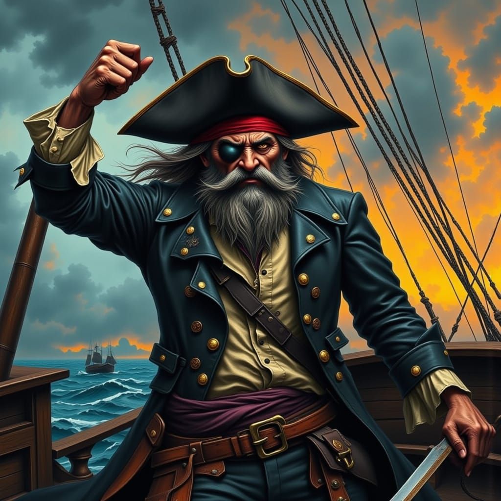 Cyberpunk Pirate Standing on a Pirate Ship at Sea