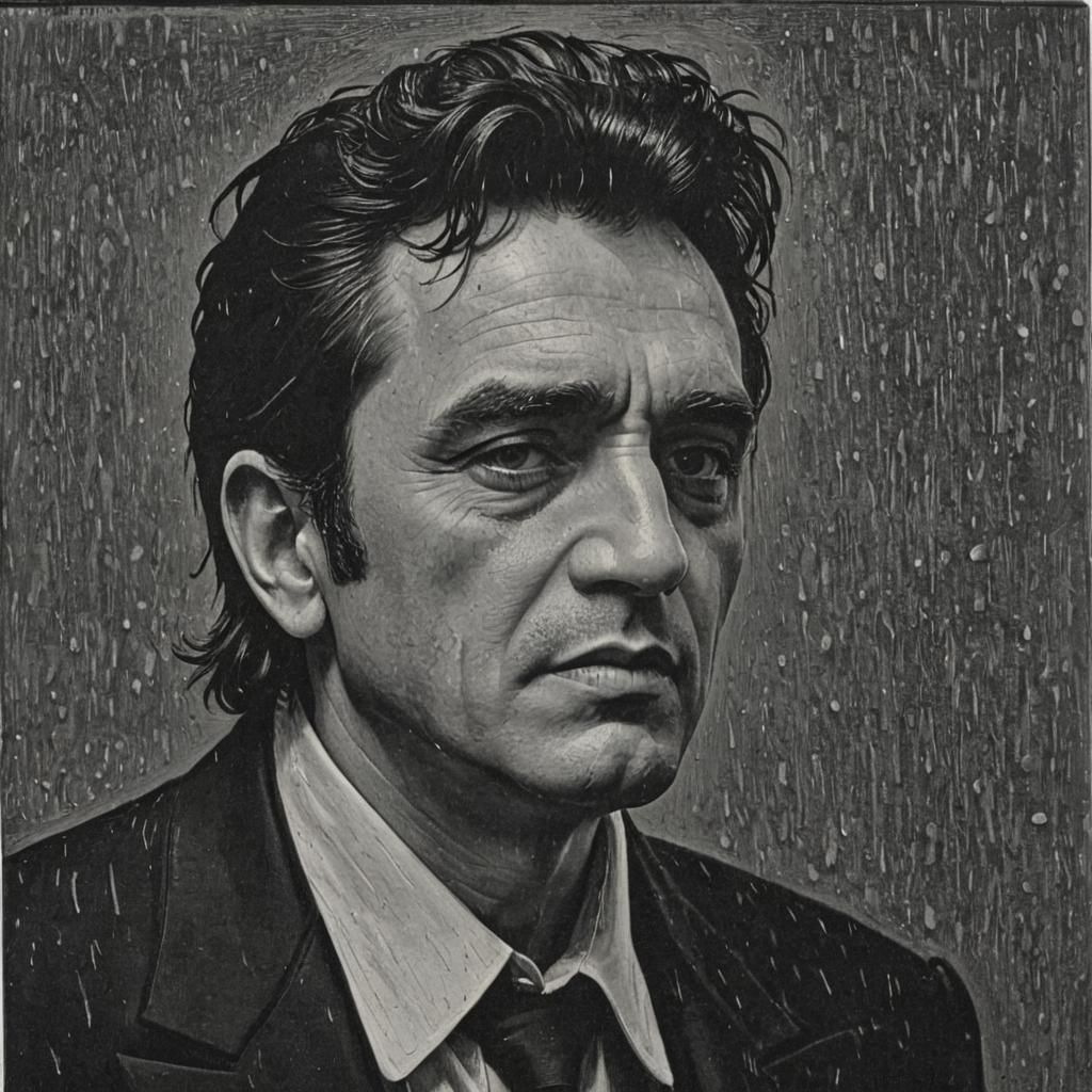 portrait of johnny cash  wet hair  raining cats and dogs