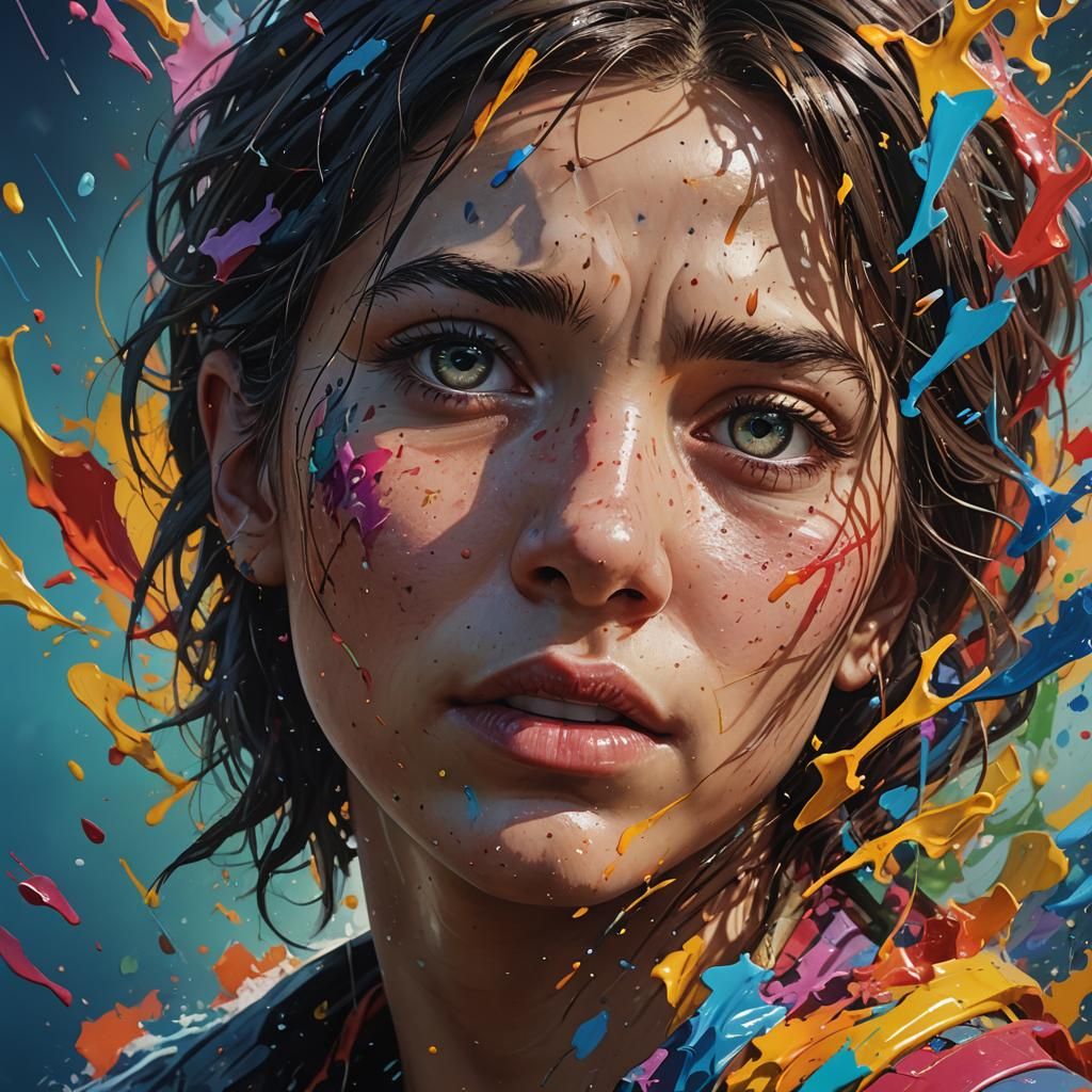 Dramatic Hyperrealistic Face with Colorful Splash Art