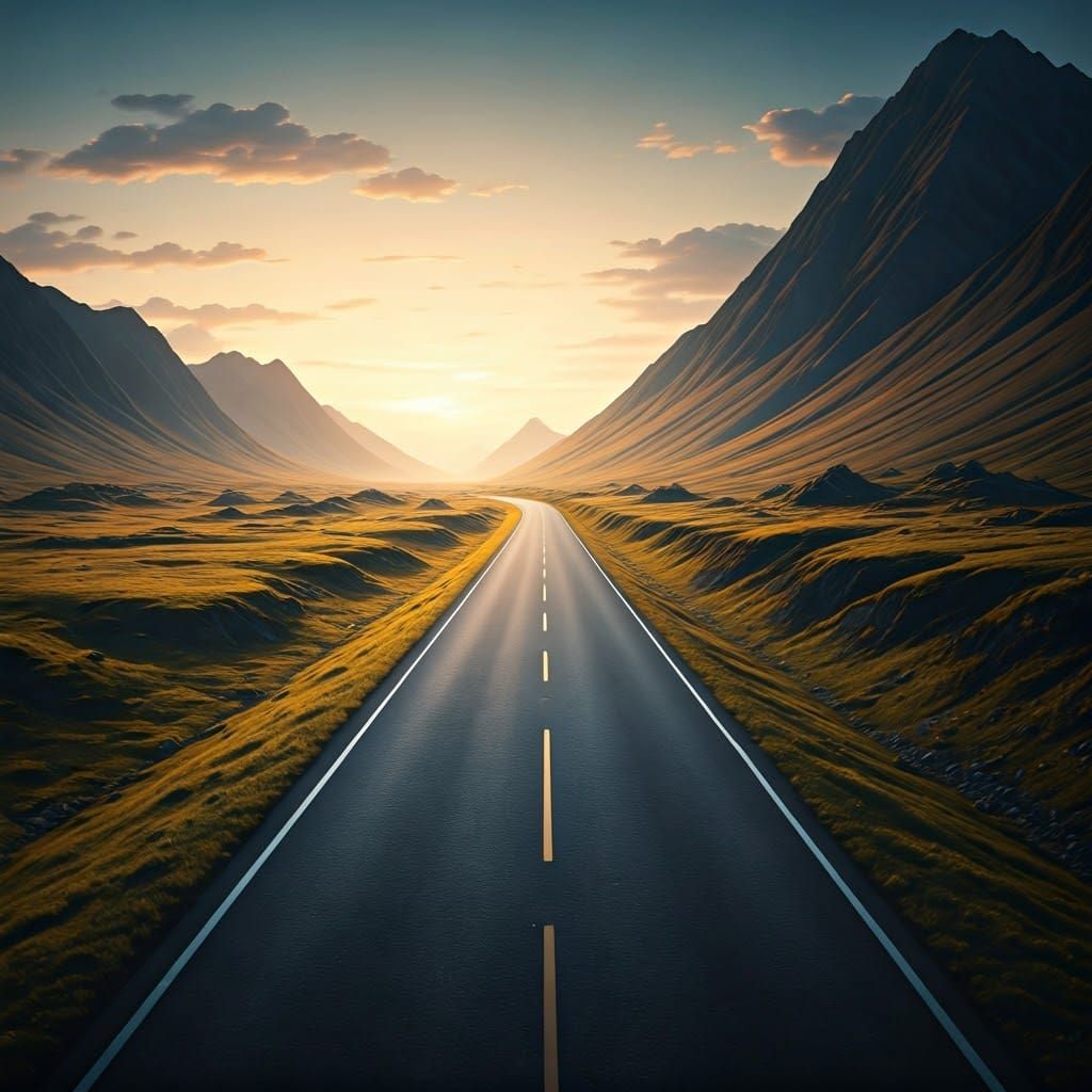 Road in Hyper-Realistic Landscape at Dusk