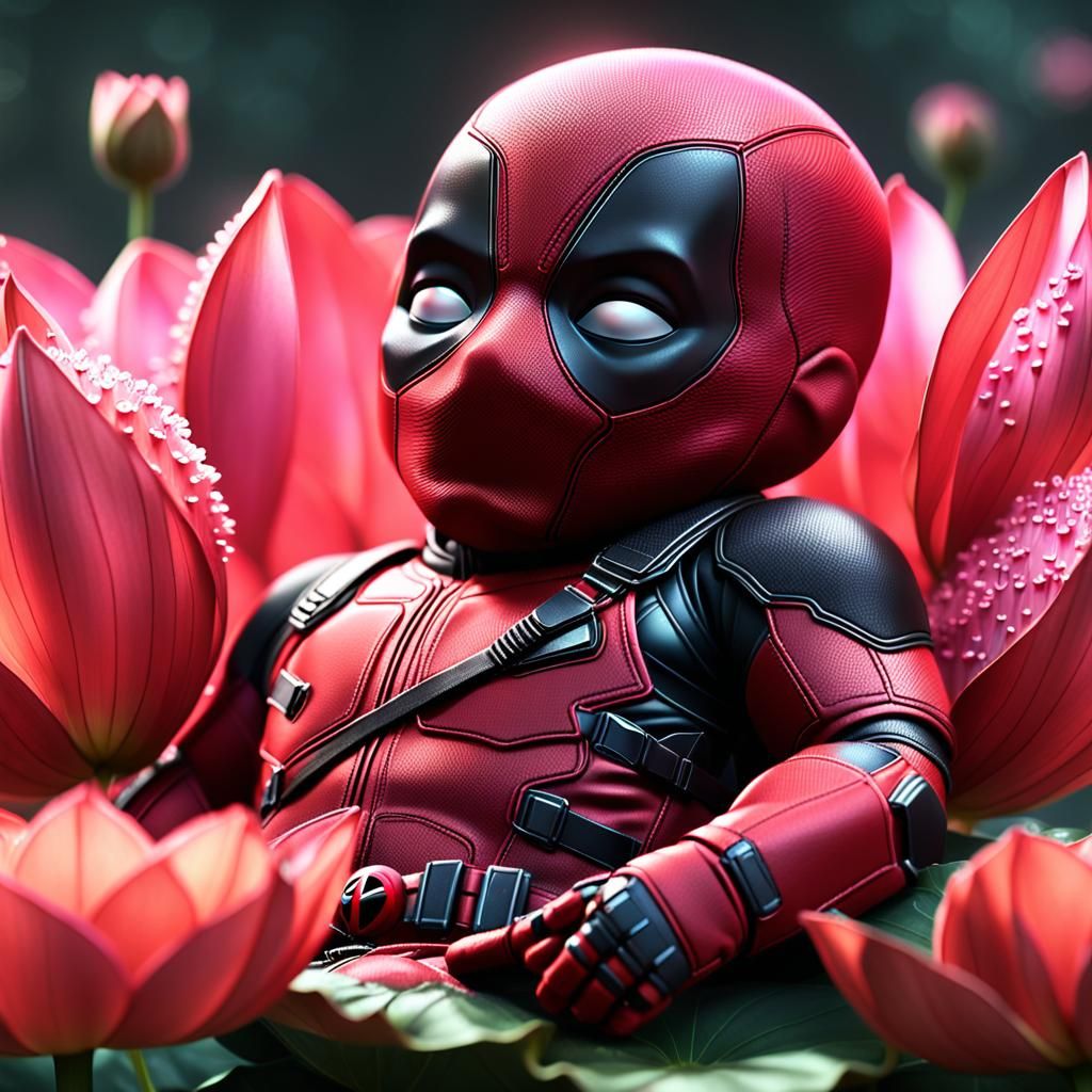 Neon Deadpool Baby in Lotus Flower: Digital Art