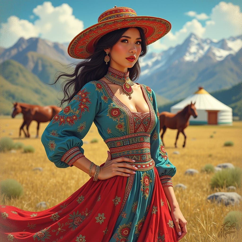 Kyrghyz Beauty in Traditional Attire Poses Confidently Amids...