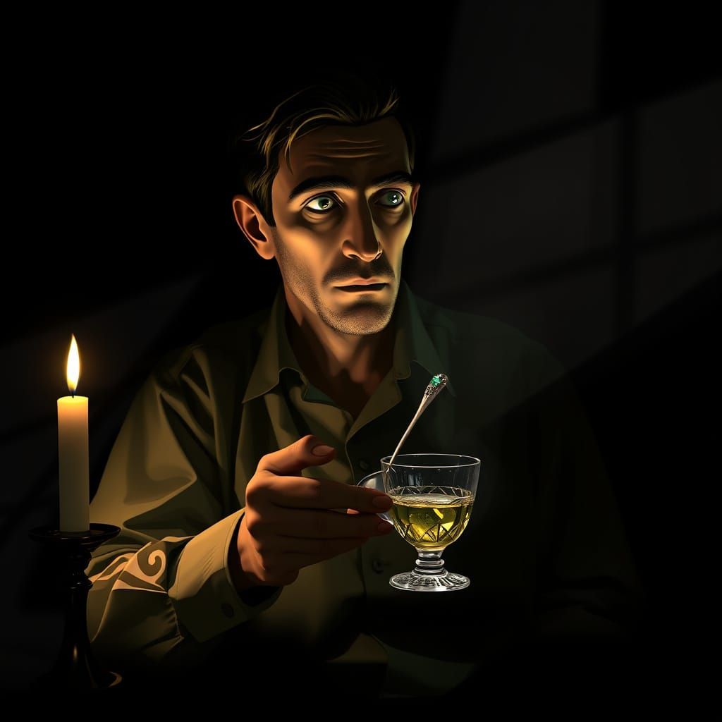 A Man in a Dimly Lit Room, Cradling a Glass Cup and Spoon, A...