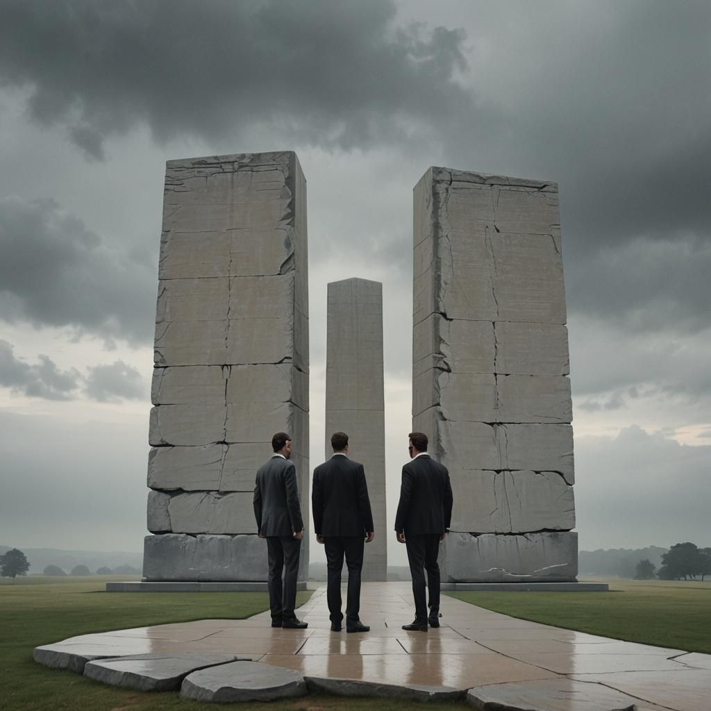 Men in Black at Georgia Guidestones: Photorealistic Film Sti...