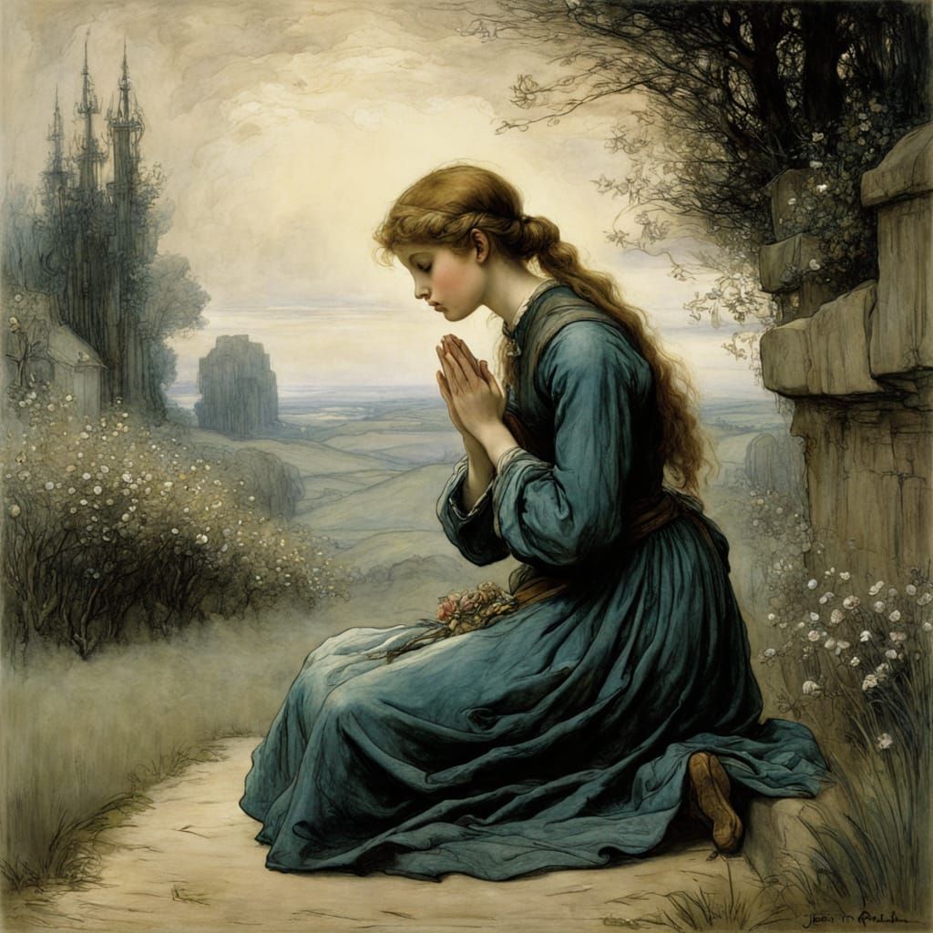 Girl Prays in Whimsical Fairytale Style