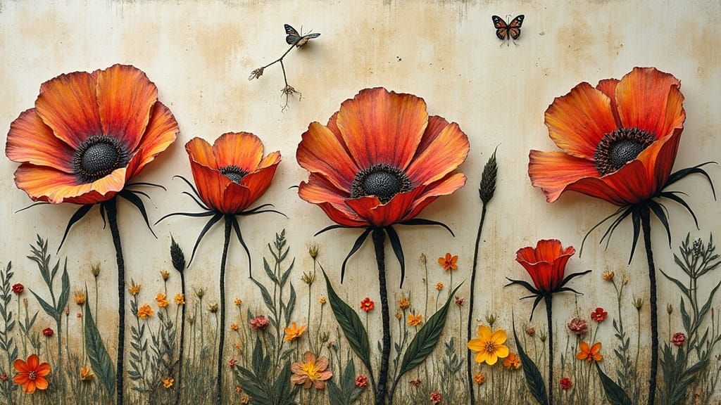 Textured Paper Origami Birds in Art Brut Style