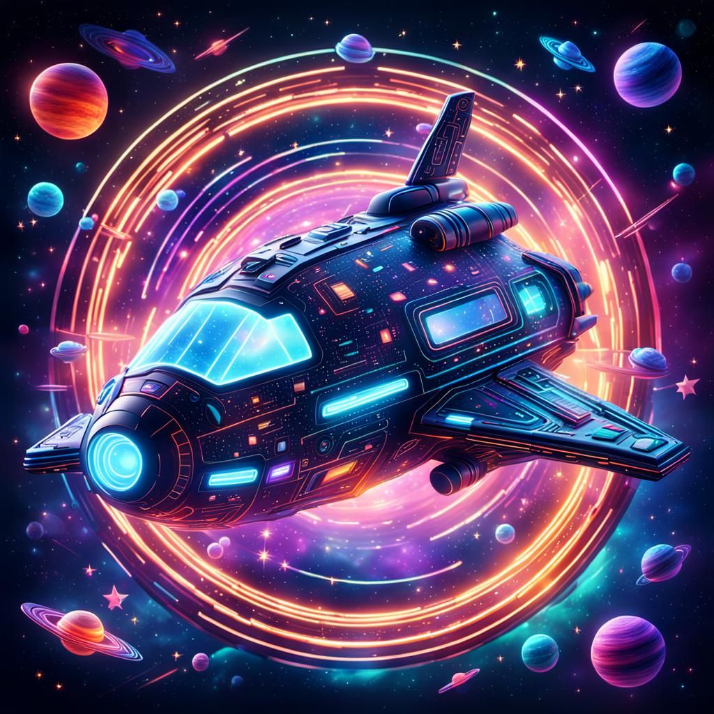 Futuristic Toy Spaceship in Holographic Cosmic Art