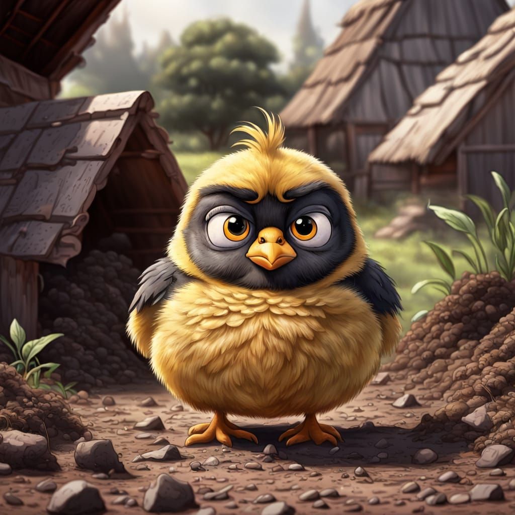 Grumpy Cartoon Chick Complaining About Cow Dung