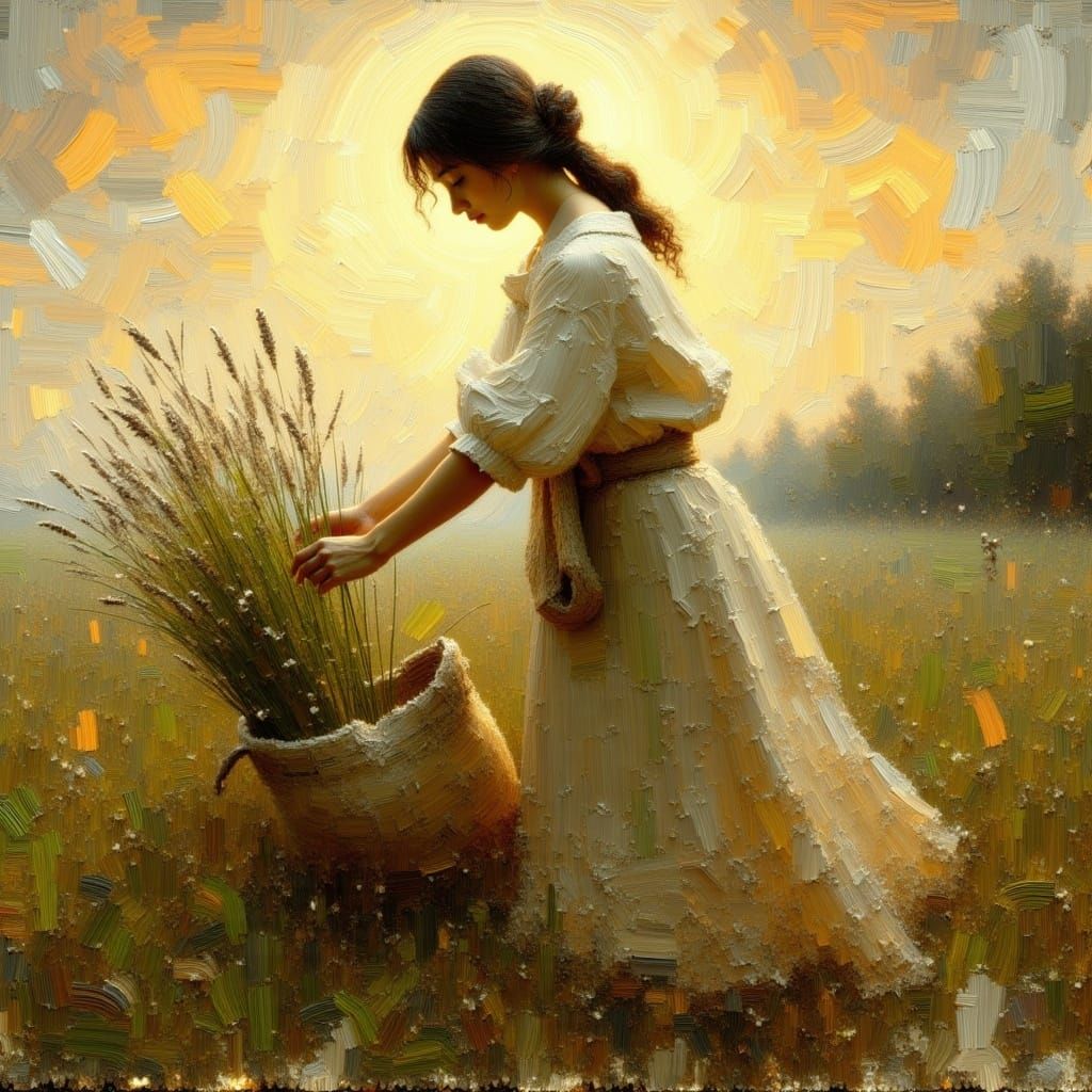 Rustic Peasant Woman Gathering Hay in a Sunset Landscape