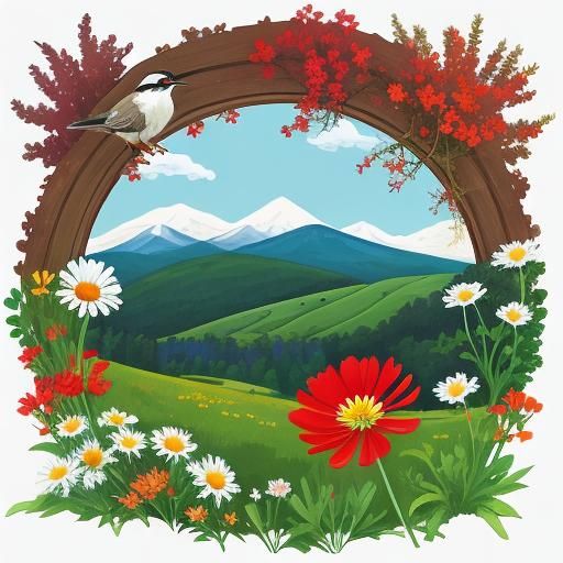 Wildflower Meadow With Chickadee, Woodcut Illustration