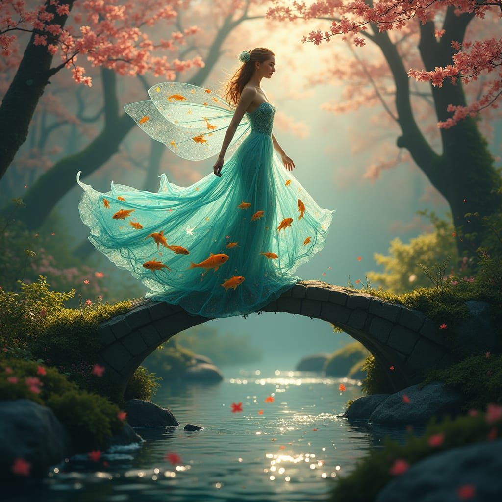 Ethereal Fairy Drifts Across Ancient Stone Bridge in Mystica...