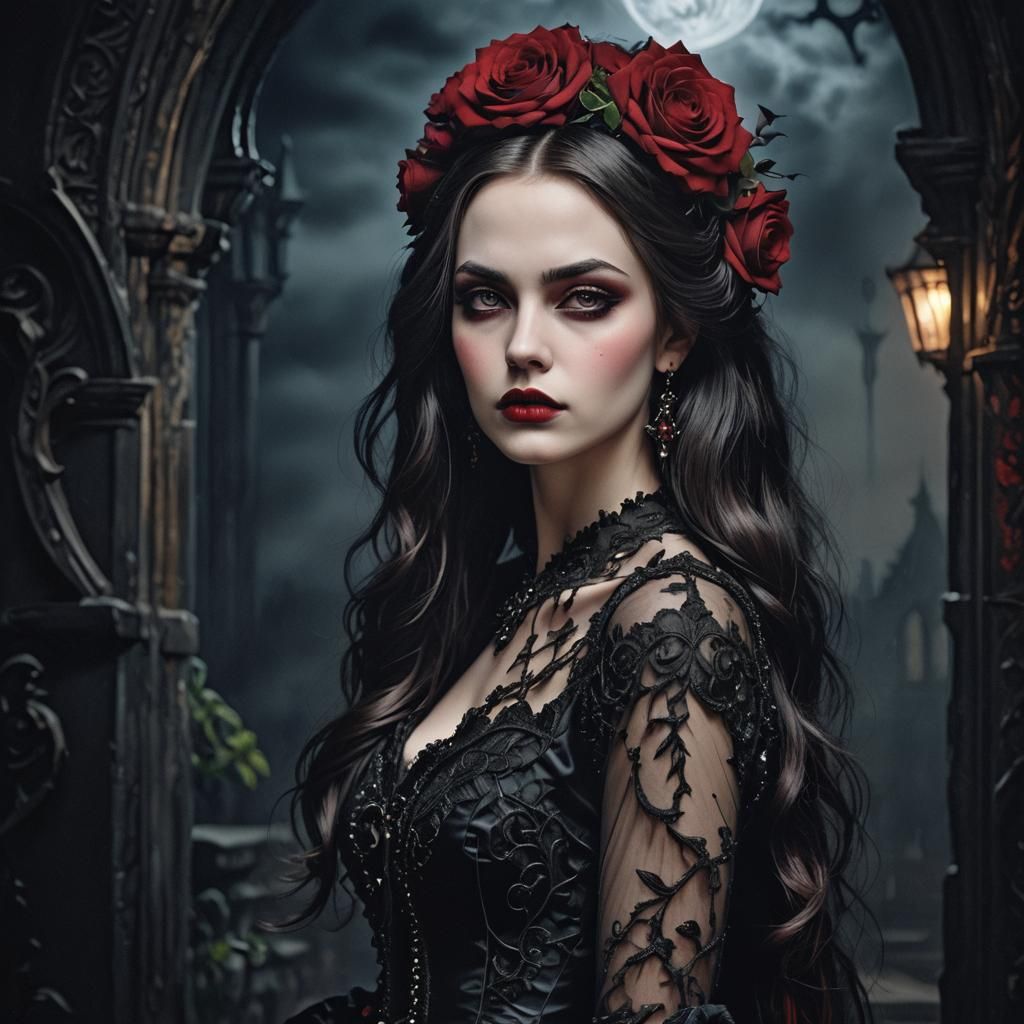 Beautiful Gothic Woman in Rose Couture Gown