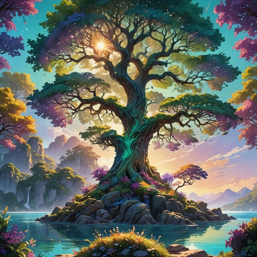 Lush Island Tree in a Fantasy Landscape
