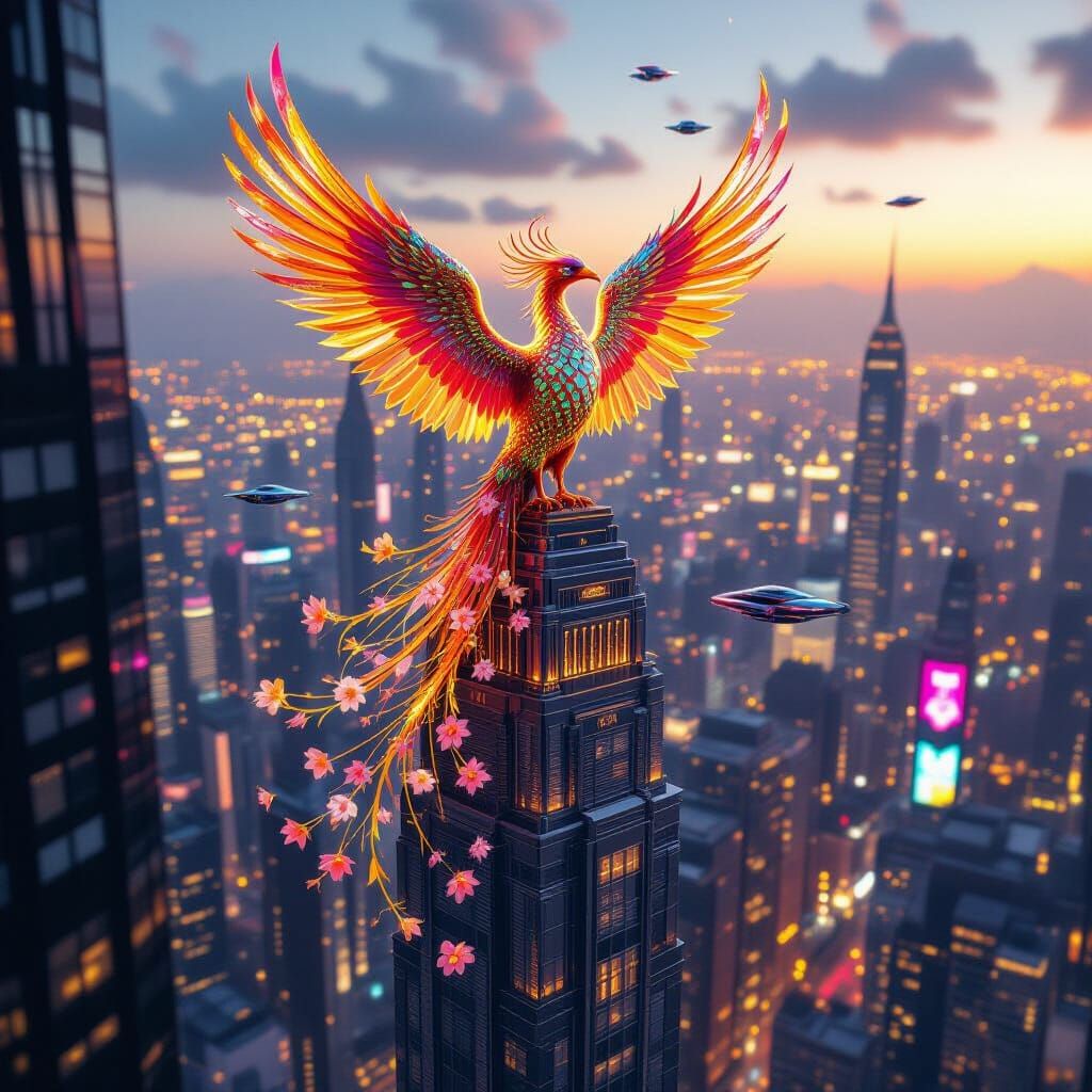 Gemstone Phoenix Perched Atop Futuristic Cityscape
