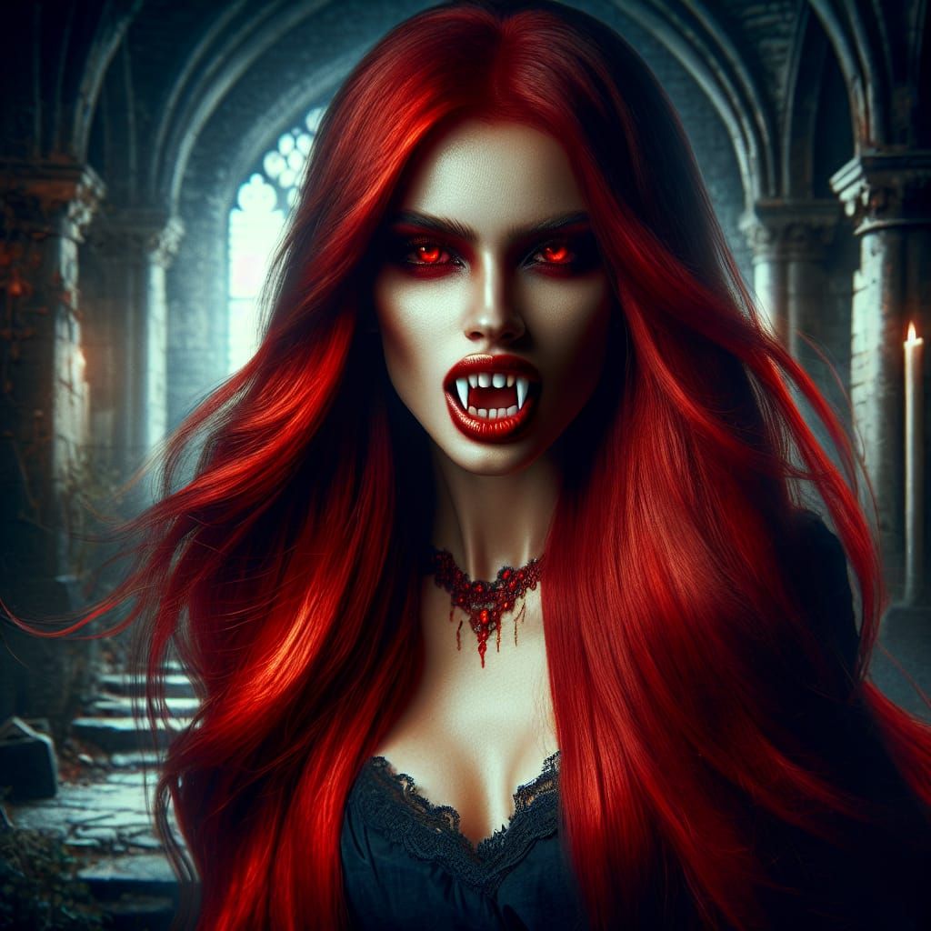 A beautiful female vampire with vampire-fangs extended, long flowing red bright red hair, glowing red eyes :: beautiful,...