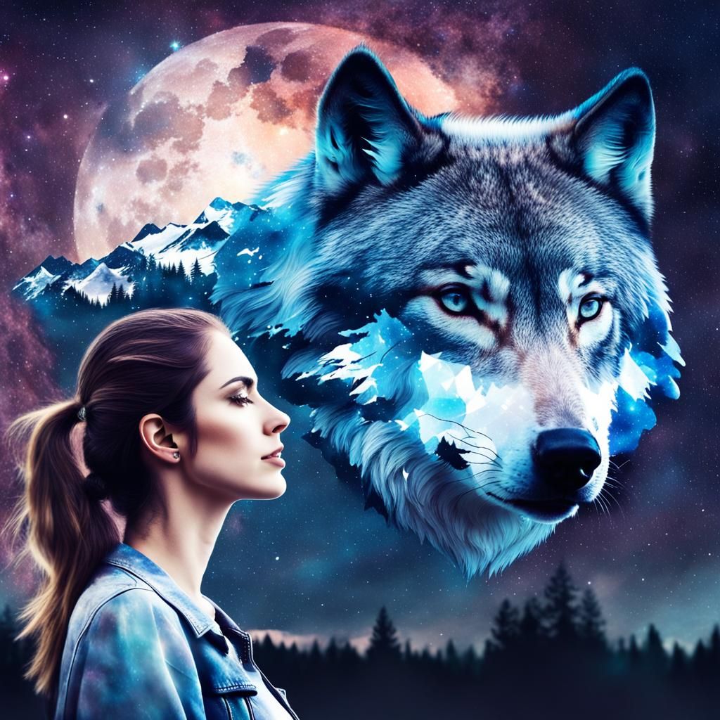 Memetic profile picture, wolf and girl double exposure, galaxy sky background, ",