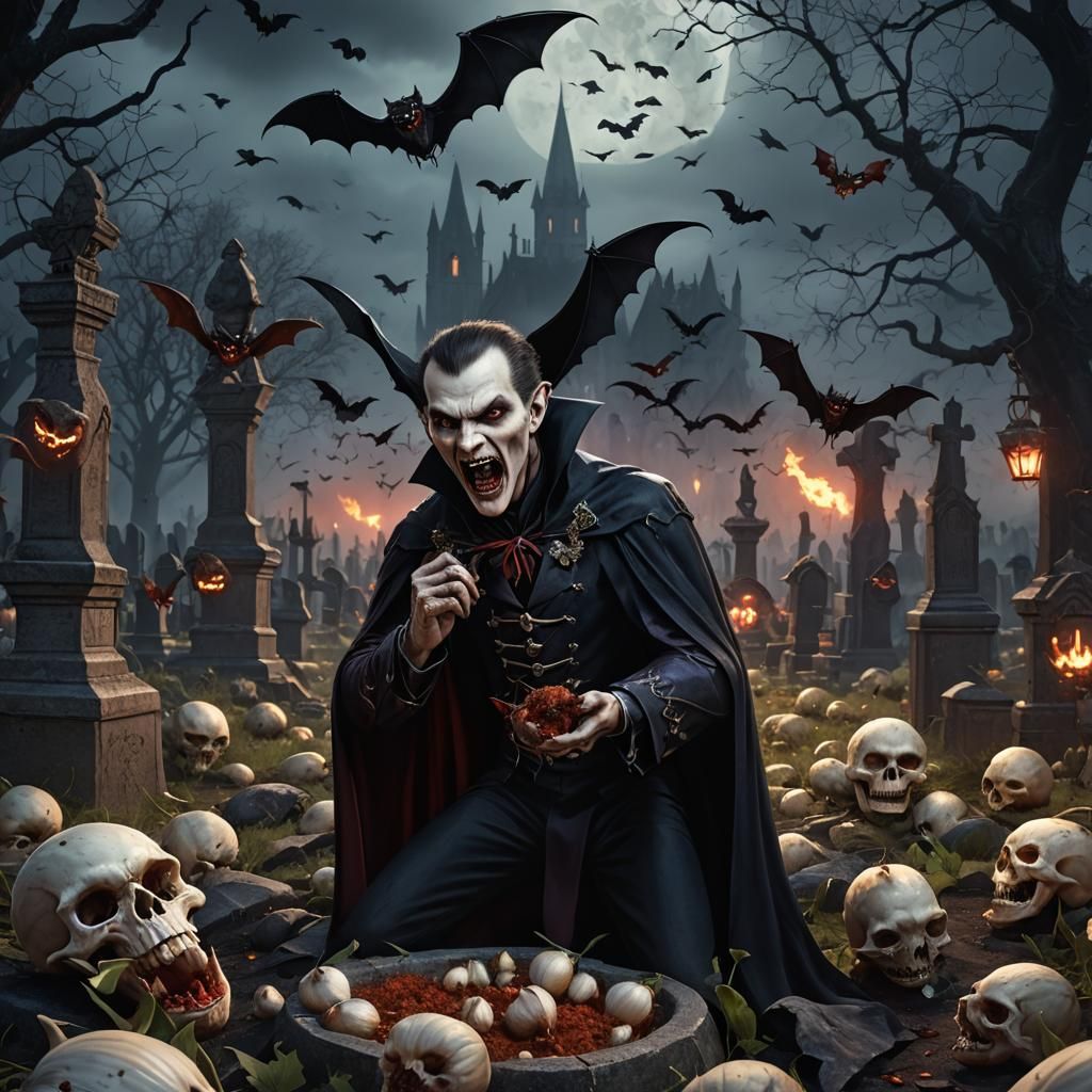 Vampire's Garlic Feast in Graveyard, Detailed Matte Painting