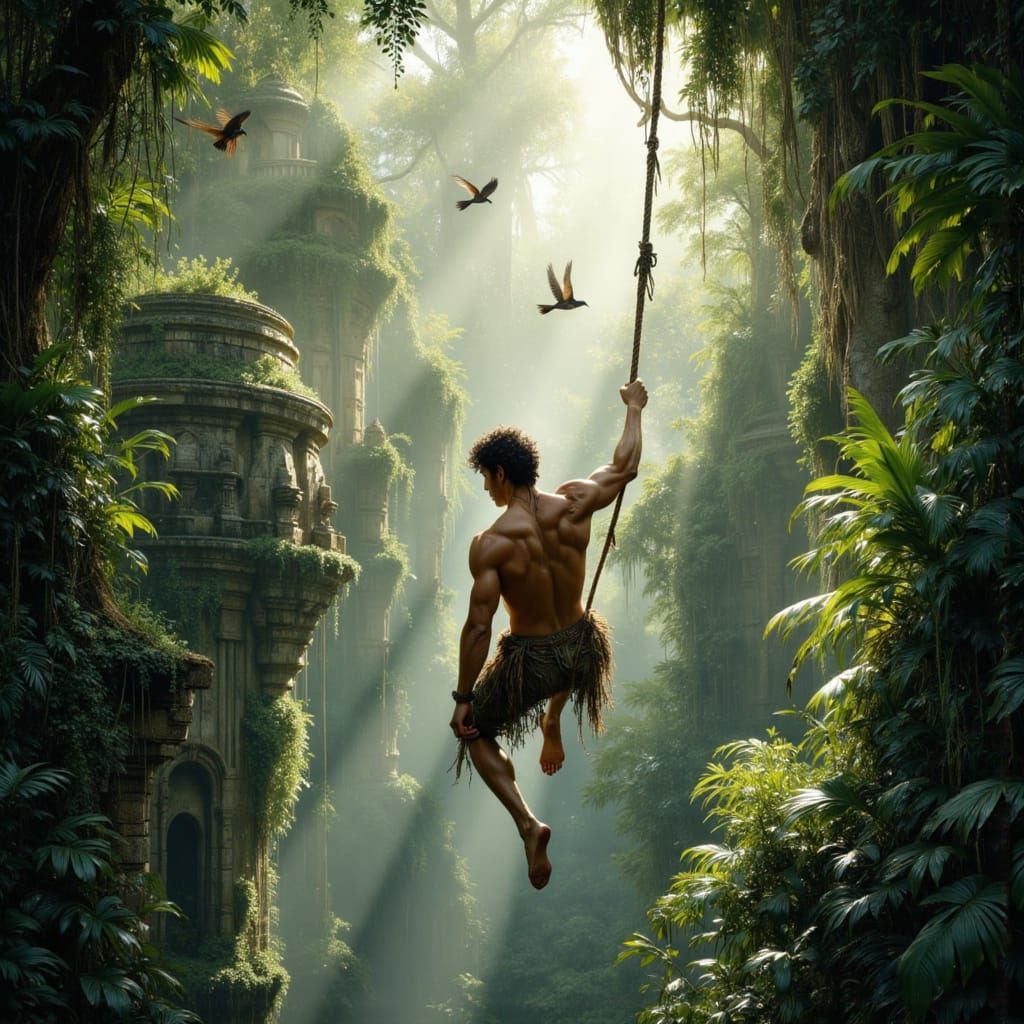 Tarzan Swings Through Jungle Ruins in Cinematic Style