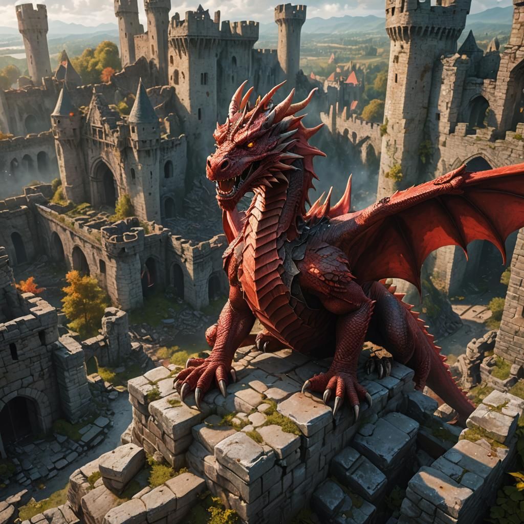 Red Dragon Overlooking Castle Ruins in Hyperrealistic Style