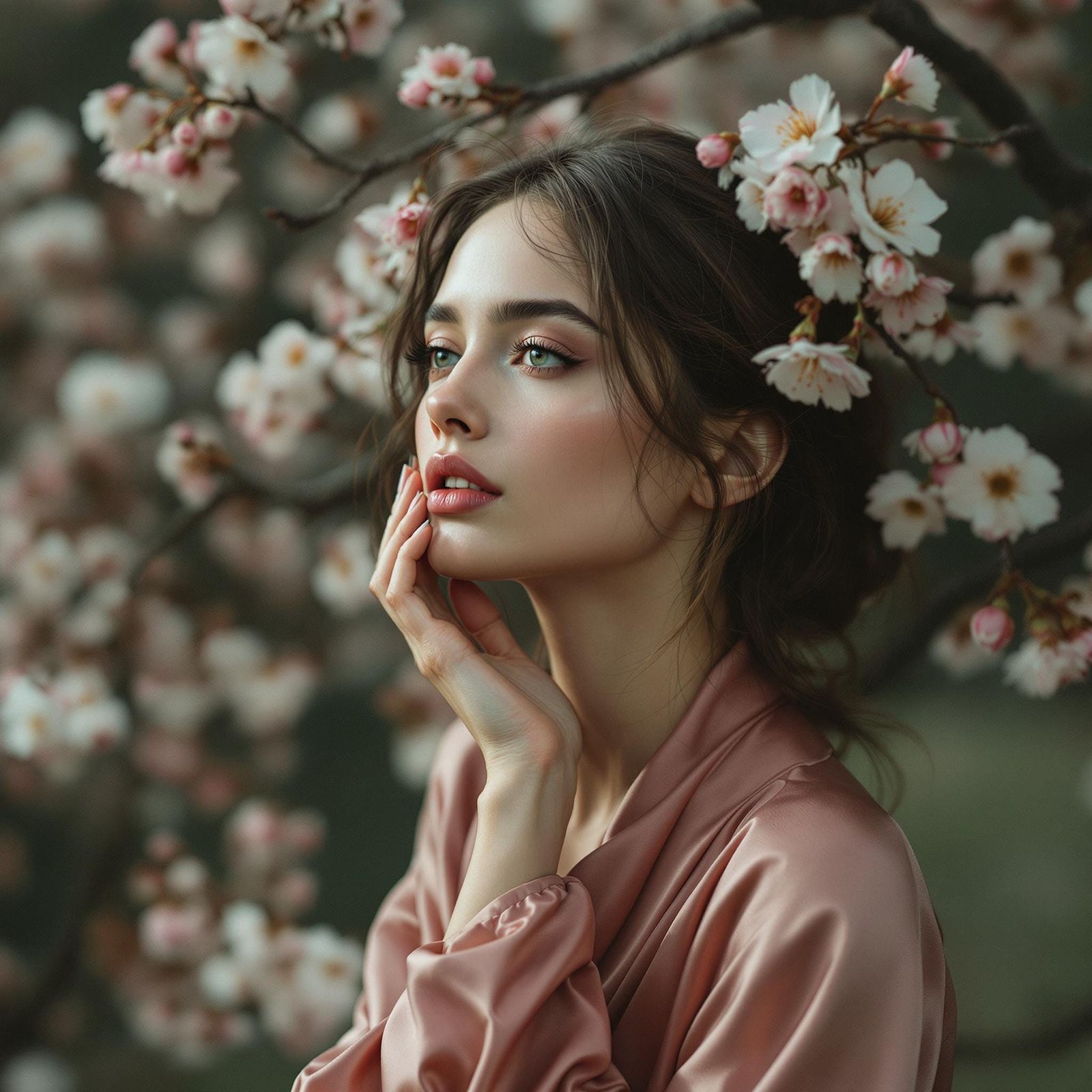 Contemplative Actress with Cherry Blossoms