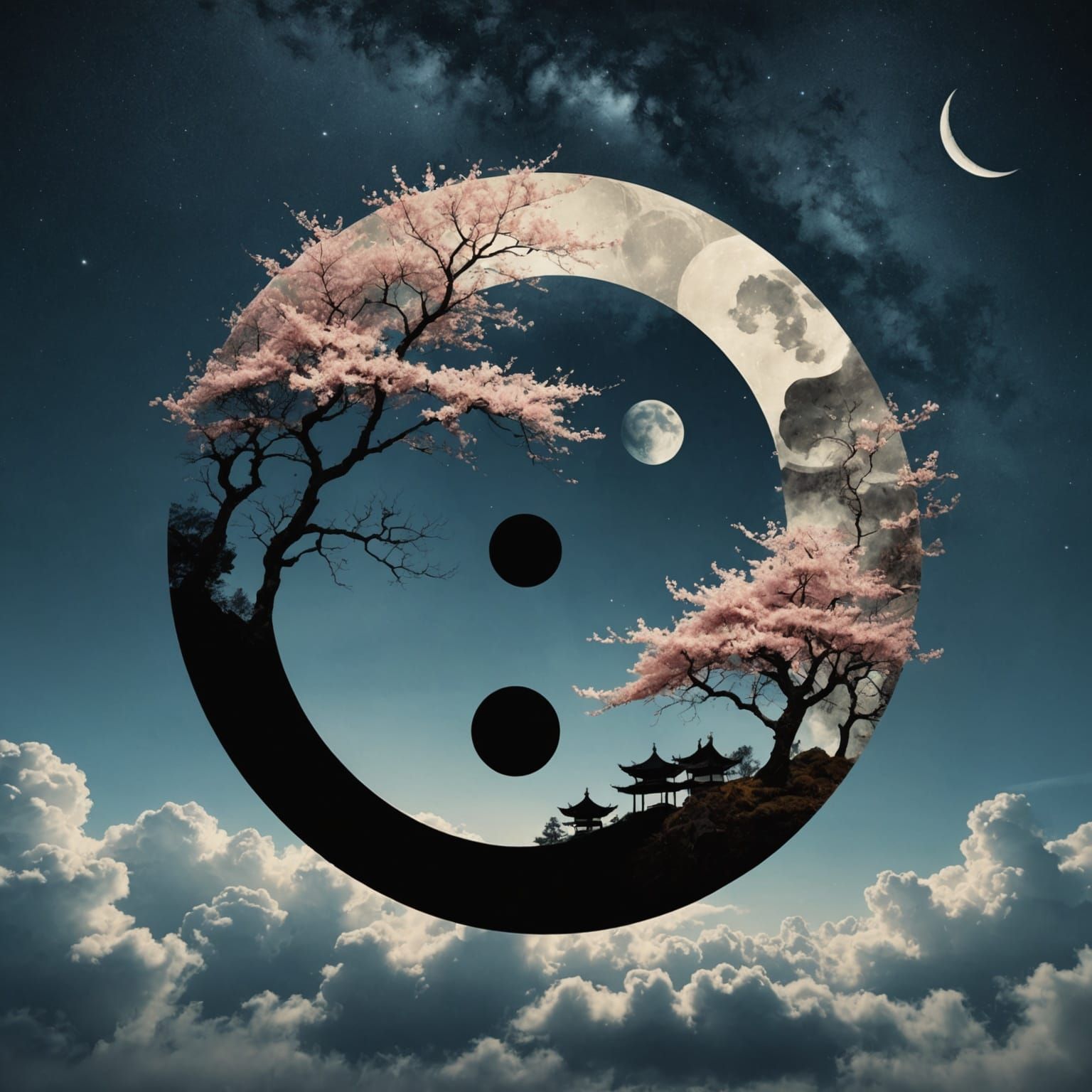 Yin Yang Symbol in Japanese Sakura Garden