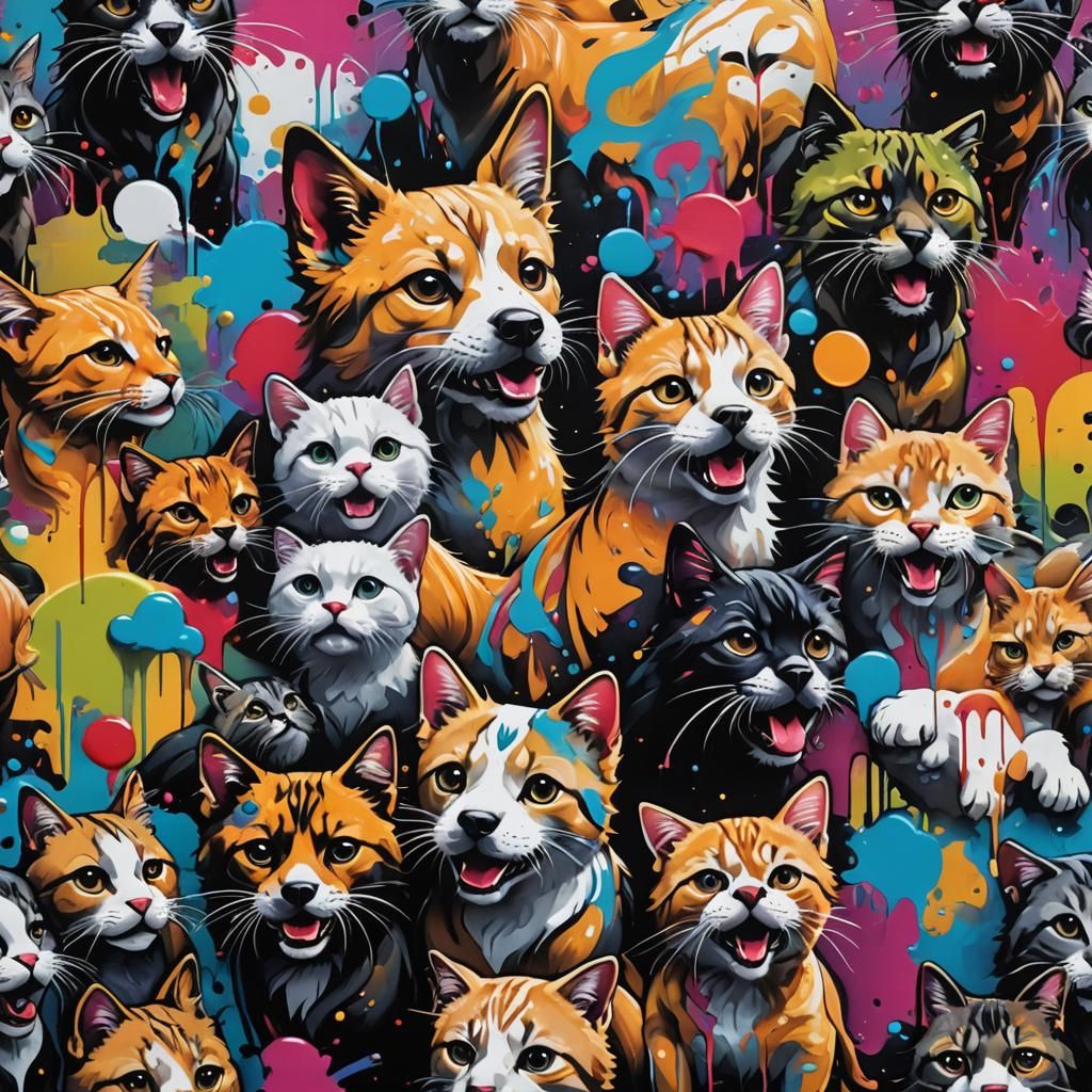 Cats and Dogs in Graffiti Splash Art Style
