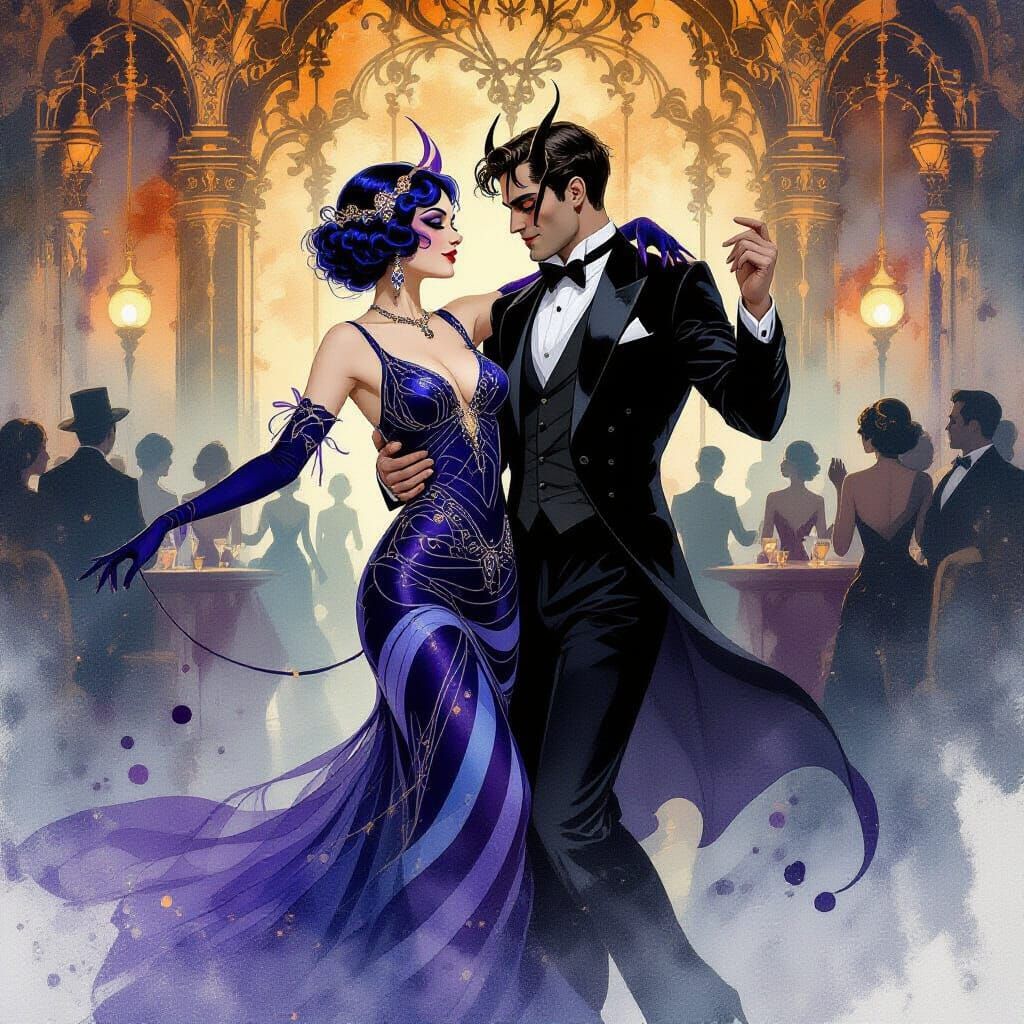 1920s Gothic Ball: Dancing Couple in Watercolor Style