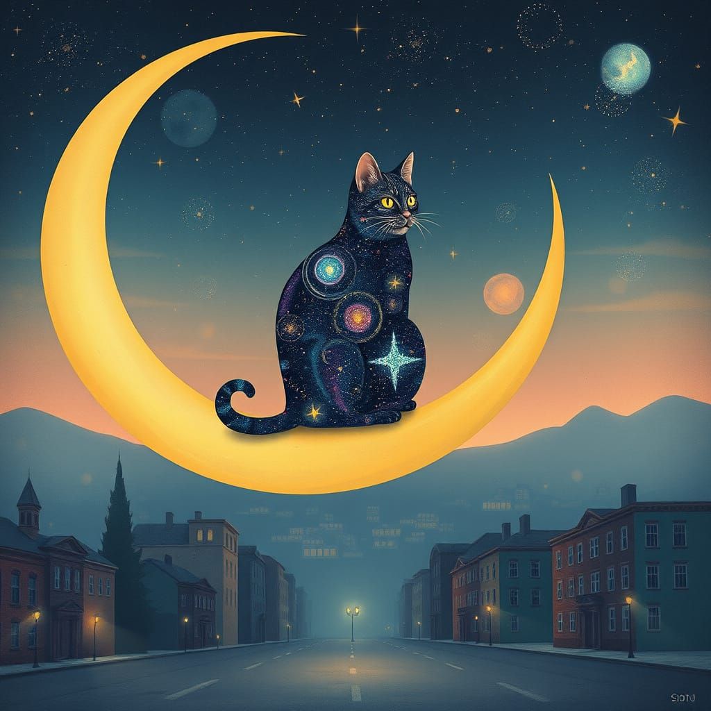 Galactic Cat on Crescent Moon Over Cityscape