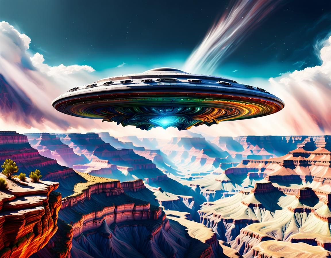 UFO Flies Through Grand Canyon: Hyperrealistic Concept Art