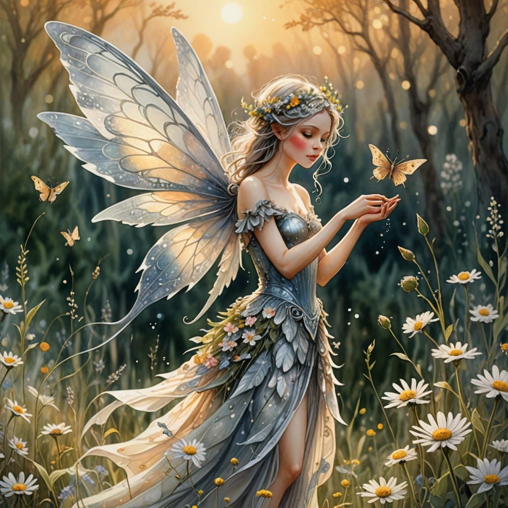 Whimsical Silver Winged Fairy in a Garden of Wildflowers