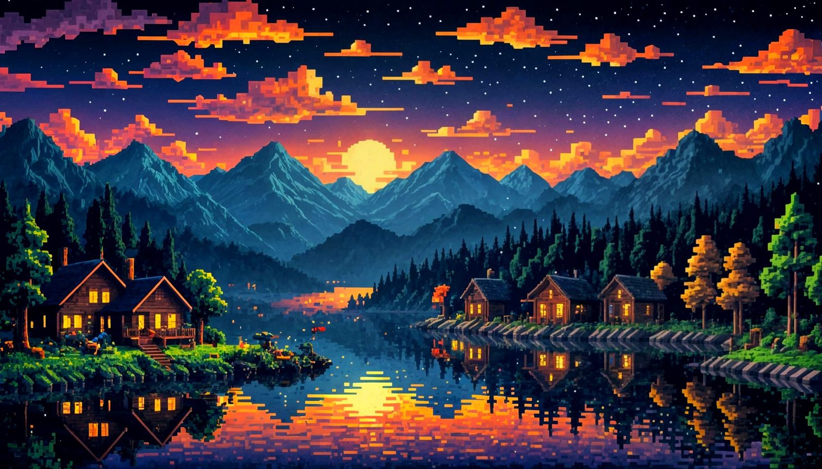 Spectacular 8-bit Pixel Art Lake at Midnight