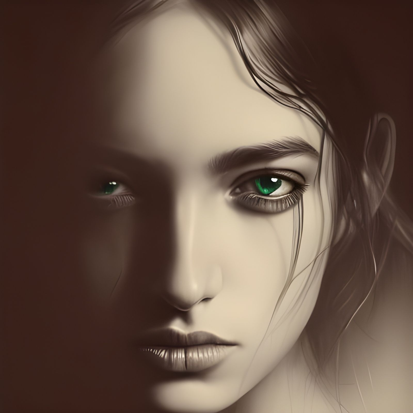 Charcoal Princess Portrait with Emerald Eyes